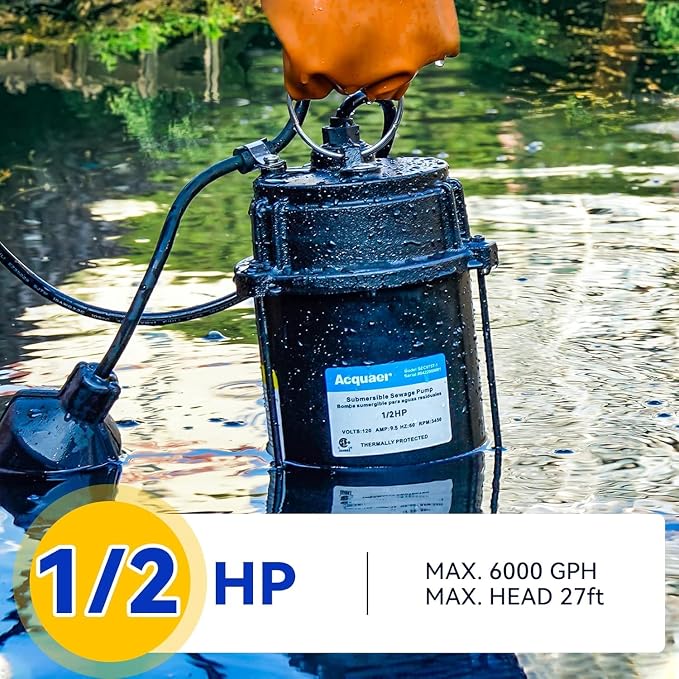 Acquaer 1/2HP Submersible Sewage/Effluent Pump, 6000 GPH, Cast Iron, Automatic Tethered Float Switch, 115V Sump Pump for Sump Basin, Residential Sewage, Basement, 2'' NPT Discharge