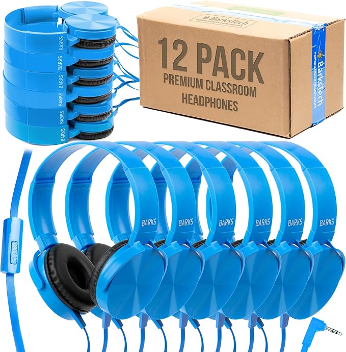Barks Classroom Headphones with Microphone (Blue, 12 Pack) - Wired 3.5mm On-Ear Bulk Headphones for Classroom: Best for Students K-12 Schools (Durable, Inline Microphone, Great Recording Quality)
