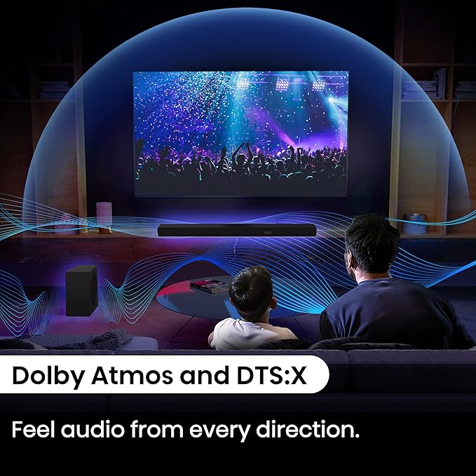 Hisense AX3100Q 3.1Ch Sound Bar with Wireless Subwoofer, Dolby Atmos, DTS:X, Bluetooth 5.3, Roku TV Ready, HDMI/AUX/ARC/Optical/USB, EzPlay, 7 EQ Modes
