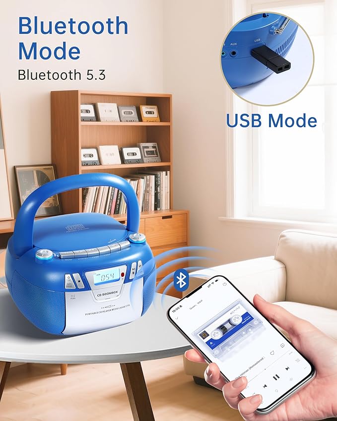 Boombox CD Player with Bluetooth and Cassette Player | Portable AM/FM Radio, MP3/USB/AUX Input, Stereo Sound System with Recorder, AC & Battery Powered for Home & Outdoor