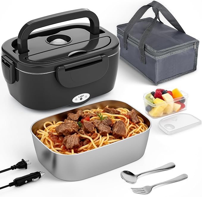 Akhia Electric Lunch Box for Adults, 80W Rapid Heated Lunch Box 12V/24V/110V for Car/Truck/Office/Travel with 1.5L Stainless Steel Container Fork & Spoon & Insulated Bag