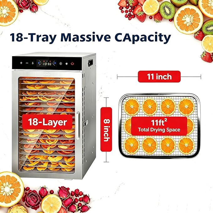 Dehydrator 18Tray, Dual Fan Food Dehydrator Machine 800W Fast Drying, 24H Timer, 86-194℉ Temperature Control, 45dB Low Noise, LED Panel, Stainless Steel Dehydrator for Food and Herbs, Jerky Meat Fruit