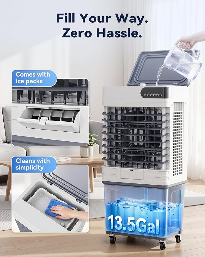 Swamp Cooler Air Conditioner, Portable Evaporative Cooler 13 Gal Water Tank | 3600 CFM, 120° Oscillation, 3 Speeds&Modes,12H Timer, Remote&Touch, 4 Ice Packs, for Garage, Large Room, Dry Climate