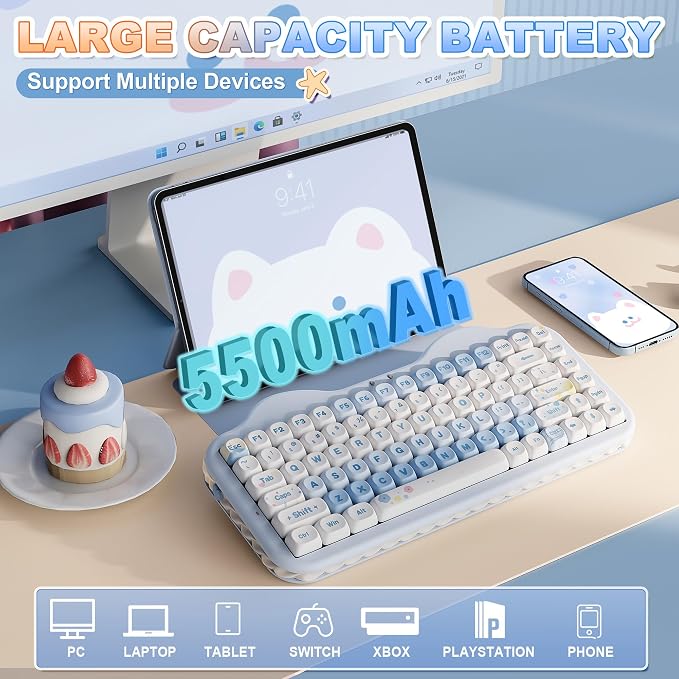 YUNZII C75 Wireless Mechanical Keyboard,75% Layout, Hot-Swappable NKRO,BT5.0/2.4G/USB-C Mode,Dye-Sub PBT MOA Keycaps,RGB Gasket Mount,Cute Cake Design for Mac/Win/Gaming (Blue, Milk V2 Switch)