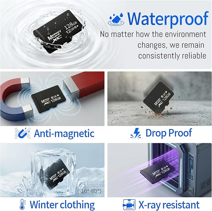 128GB Micro SD Card for Dash Cam, Security Camera, Retro Gaming, with USB-A 3.0 Reader & SD Adapter, U3 V30 A1 Class 10