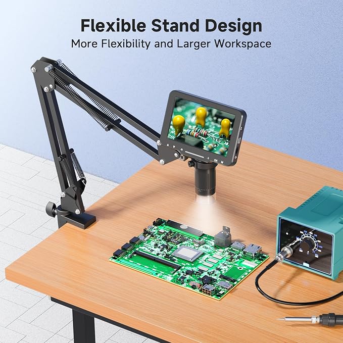 5" LCD Digital Soldering Microscope with Flexible Stand, 1000X Magnification for Electronics Repair & Coins, 1080P PC View, 8 LEDs (Micro SD Card Not Included)