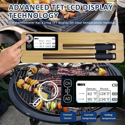 Wireless Smart Meat Thermometer - 656FT Bluetooth Range, 2 Probes, Rechargeable - Digital Cooking Thermometer for BBQ, Grilling, Oven, Smoker, Turkey, Beef - App Alerts & Monitor