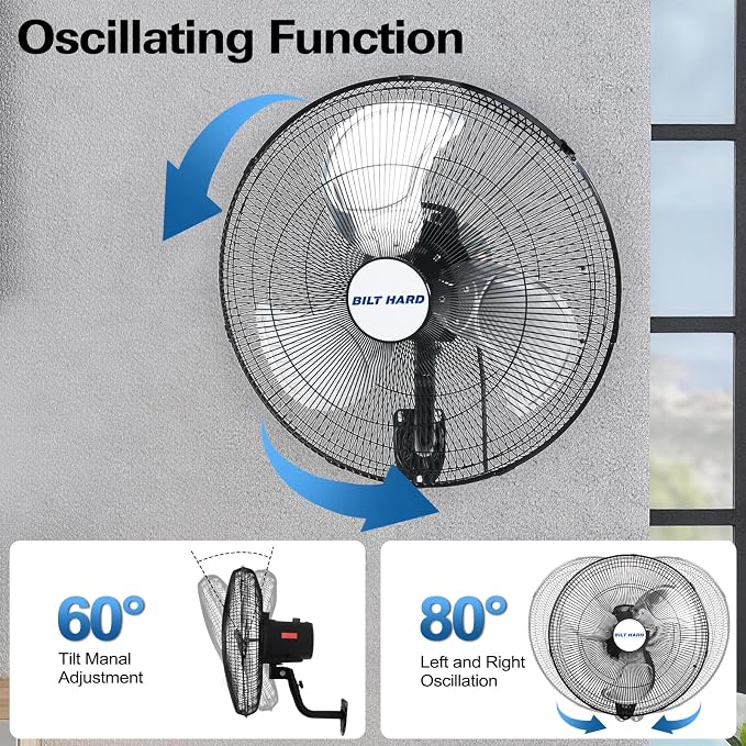 BILT HARD 20" 5200 CFM Wall Mounted Fan with Remote Control, 9-Speed Oscillating Wall Fan with DC Motor, High Velocity Whisper-Quiet Industrial Shop Fan for Garage, Warehouse