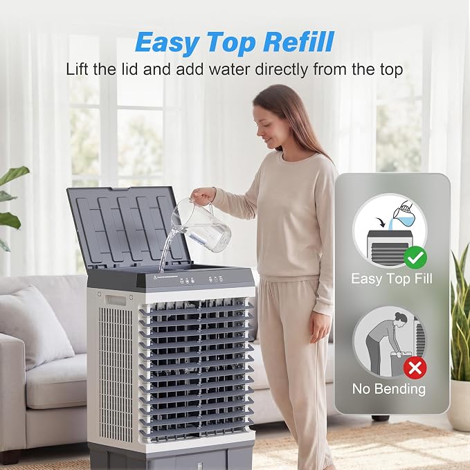 Portable Evaporative Air Cooler, 1800CFM Swamp Cooler with 5.5 Gallon Top Fill Tank, 4 Ice Packs, 120° Oscillation, 3 Speeds, 12 Hour Timer, Remote, for Home Office Bedroom