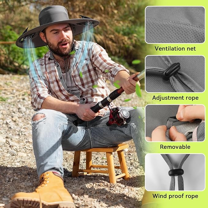 Sun Hat with Fan for Women Men Wide Brim Fishing Solar Hat with Face Cover Neck Flap Reflective with Dual Power