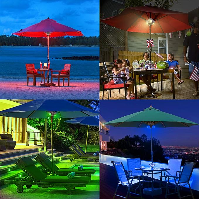 Umbrella Light Battery Operated, 16 RGB Color Changing Patio Umbrella Lights with Remote, Outside Under Umbrella Lights for Offset Parasol Tent-Bronze