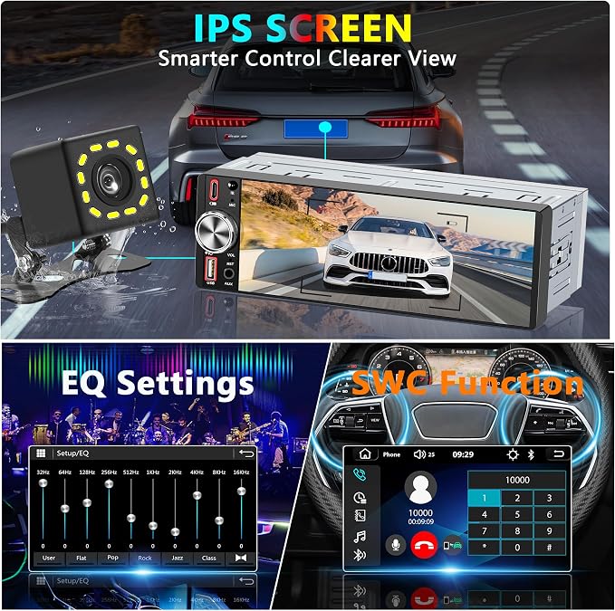 Single Din Car Stereo with Wireless Apple CarPlay & Android Auto, 6.5" IPS Touchscreen Bluetooth, Single Din Car Radio with Backup Camera, GPS Navigation, USB/Type-C, FM/AM, EQ, AUX, MIC