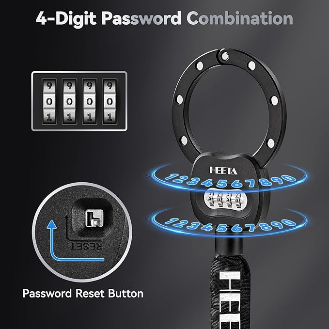 HEETA Electric Scooter Lock Anti Theft, 4 Digit Combination Bike Chain Lock, Heavy Duty Security Bicycle Lock Cable Accessories for E Scooter, E Bike, Motorcycle, Door, Gate & Fence