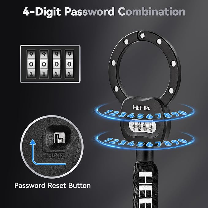 HEETA Electric Scooter Lock Anti Theft with Scooter Bag, 4 Digit Combination Bike Chain Lock, Heavy Duty Security Bicycle Lock Cable Accessories for E Scooter, E Bike, Motorcycle, Door, Gate & Fence