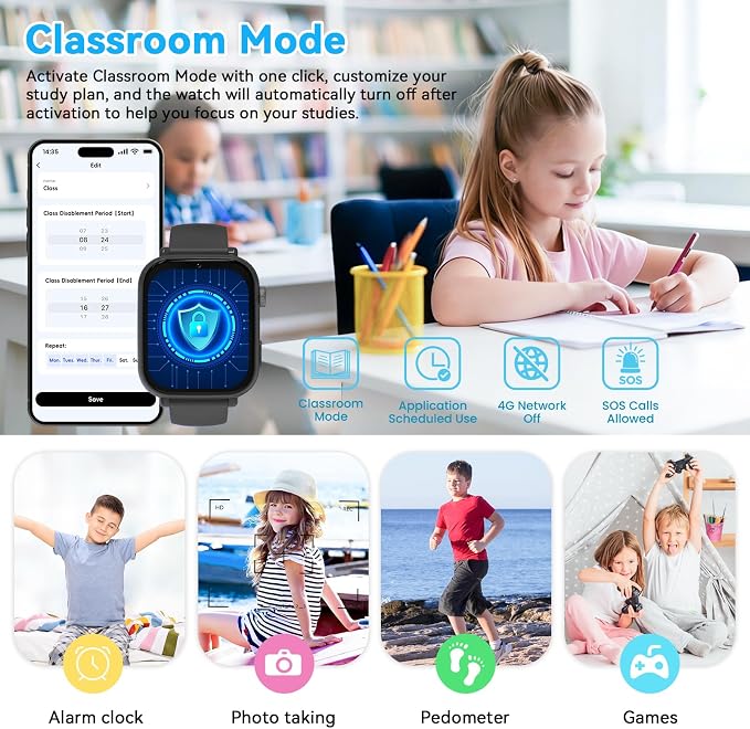 4G Kids Smart Watch Phone GPS, Smartwatch for Boys Girls Ages 4-12 Years with Video Call Chat Class Mode SOS Camera Alarm Games Parental App Touch Watch Gifts for Children (Includes SIM Card) Grey