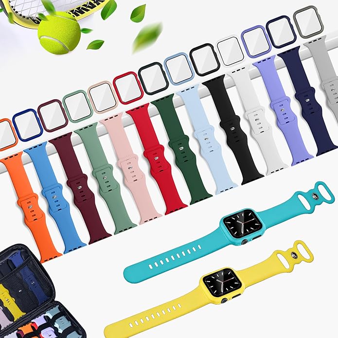 15 Pack Compatible with Apple Watch Bands 40mm 41mm 42mm 44mm 45mm 46mm Women Men, Watch Screen Protector Case&Organizer for iWatch Series 11 10 9 8 7 6 5 4 SE（Multiple Sizes, Select the Right Size）