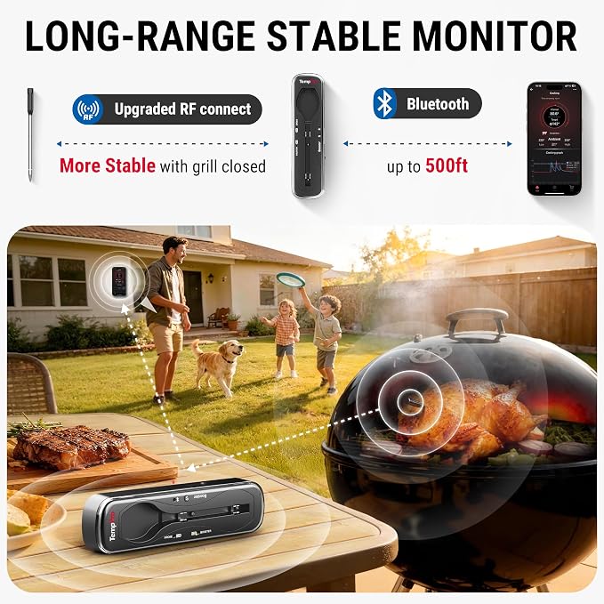 TempPro Upgraded Meat Probe Wireless Meat Thermometer, 500ft Bluetooth Meat Thermometer for Cooking Kitchen Oven Smoker, Rechargeable Meat Probe for Backyard Grill BBQ Gifts(Previously ThermoPro)