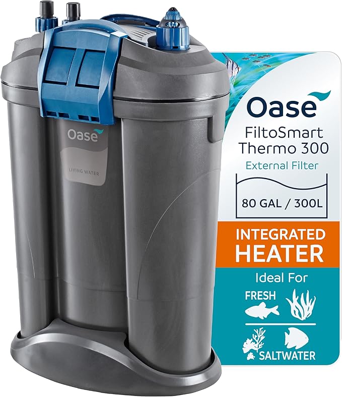Oase FiltoSmart Thermo 300 Canister Filter for Aquariums – Quiet, Space-Saving External Multi-Stage Filter, Integrated Heater, No-Mess Maintenance, for Freshwater & Saltwater Tanks Up to 80 Gallons