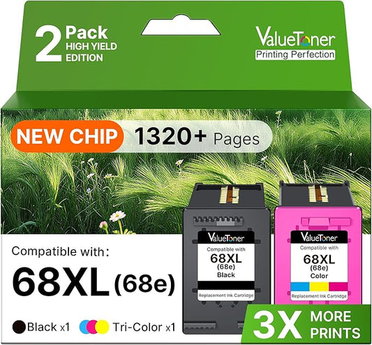 68XL Ink Cartridges Black Color Combo Pack for HP Ink 68 68XL 68e Replacement for HP 68XL 68 68e Ink Cartridges Compatible with Envy 6155e 6555e 6152e 6552e 6558e 6165e (2 Pack, 1 Black, 1 Tri-Color)