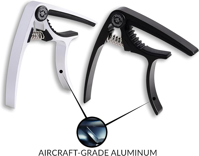 Guitar Capo (2 Pack) for Acoustic Guitars, Ukulele, Banjo, Mandolin, Bass - Made of Ultra Lightweight Aluminum Metal (1.2 oz!) for 6 & 12 String Instruments - Nordic Essentials, Black+Silver