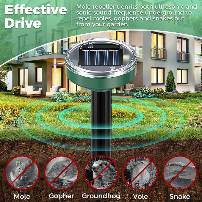 Solar Powered Mole Repellent 10 Pack, Effective Ultrasonic Gopher Repeller for Yard, IP44 Waterproof Sonic Vole & Snake Deterrent Spikes, Professional Groundhog Chaser for Lawns, All-Weather Use