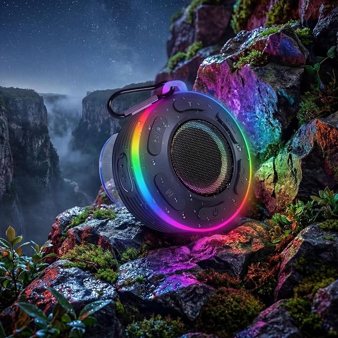JK&EROSSTARS Portable Bluetooth Shower Speaker–Waterproof,Stereo,LED Light | Over 10H Playtime,Built-in Micro,Suction Cup&Hook,for Outdoor,Kitchen,Kayak,Beach,Camping,Gifts for Unisex