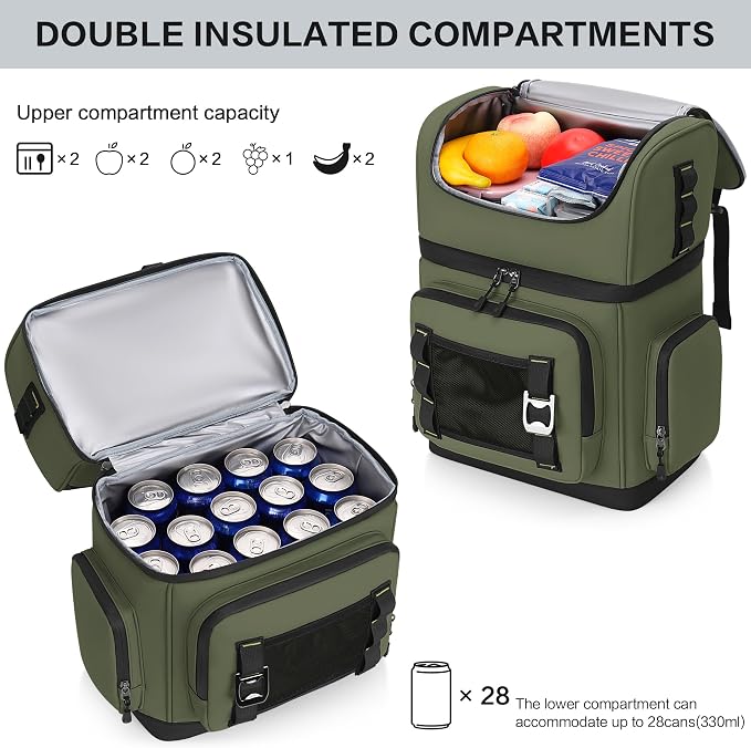 Large Waterproof Insulated Cooler Backpack for Men & Women, Double Decker Leak Proof Cooler Backpack for Beach, Camping, Picnic, Travel, 26L, 44Cans