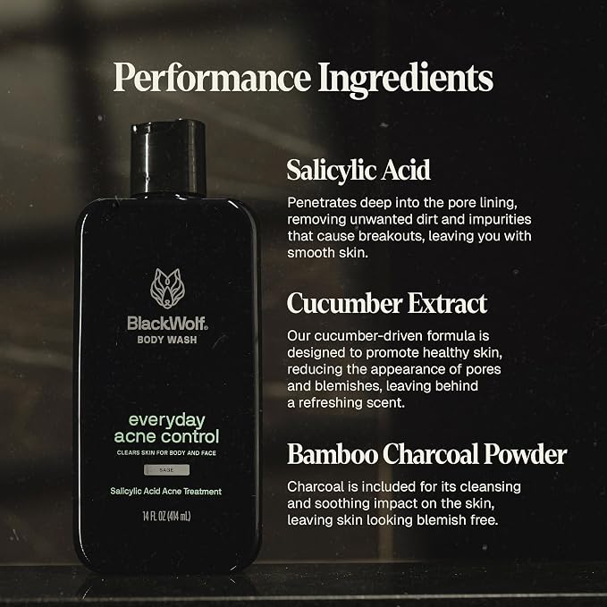 Black Wolf Body Wash & Sonic Scrubber Pro Kit for Men - Vibrating Face & Body Brush with Charcoal Powder Shower Gel, Water Resistant Massage Brush & Salicylic Acid Body Wash, Rich Lather & Deep Clean