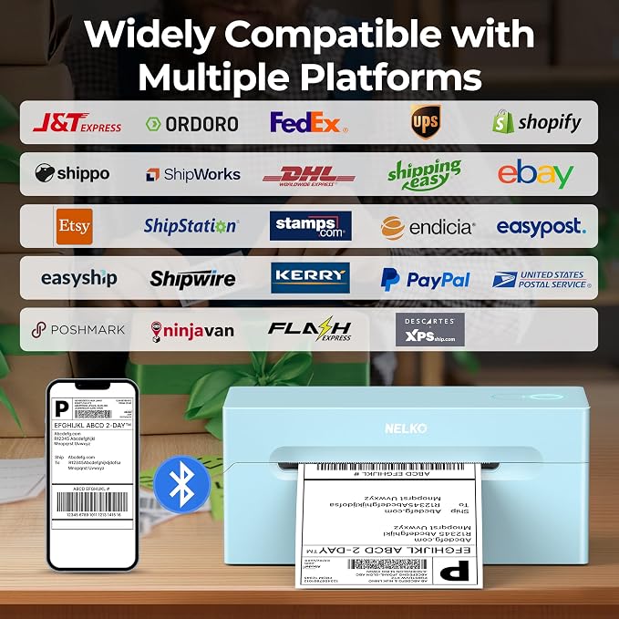 Nelko Bluetooth Thermal Shipping Label Printer, 4x6 Shipping Label Printer for Shipping Packages, Support Android, iPhone and Windows, Widely Used for Amazon, Shopify (Blue)