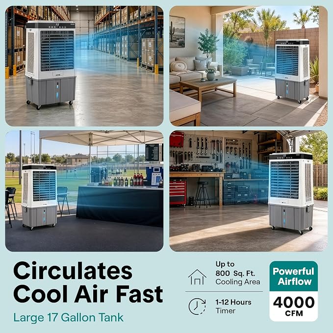 SereneLife Portable Swamp Cooler with 4000 CFM Power - Heavy-Duty Evaporative Air Cooler for Large Indoor & Outdoor Spaces, 65L Tank, 60° Oscillation, 12-Hour Timer, Wi-Fi & Remote Control