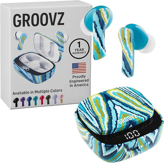 Groovz True Wireless Earbuds with Charging Case - Designed and Engineered in The USA - IPx4 Water Resistant Bluetooth Earbuds Compatible with Apple and Android - 27Hrs Battery Life - Peacock