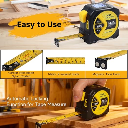 2-in-1 Digital Tape Measure with Laser, Rechargeable Laser Measuring Tool | 164Ft/50m Laser Measure & 16Ft/5m Auto-Lock Tape | w/Backlit LCD Display, Area & Volume Calc | Ft/in/M/Ft+in Units