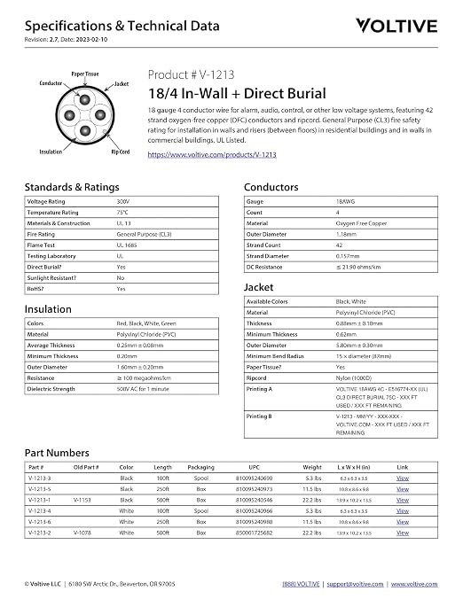 Voltive 18/4 Low Voltage Wire, in-Wall CL3 & Direct Burial, White, 500ft - 18AWG, 4 Conductors, Stranded Bare Copper, UL Listed - V-1213-2