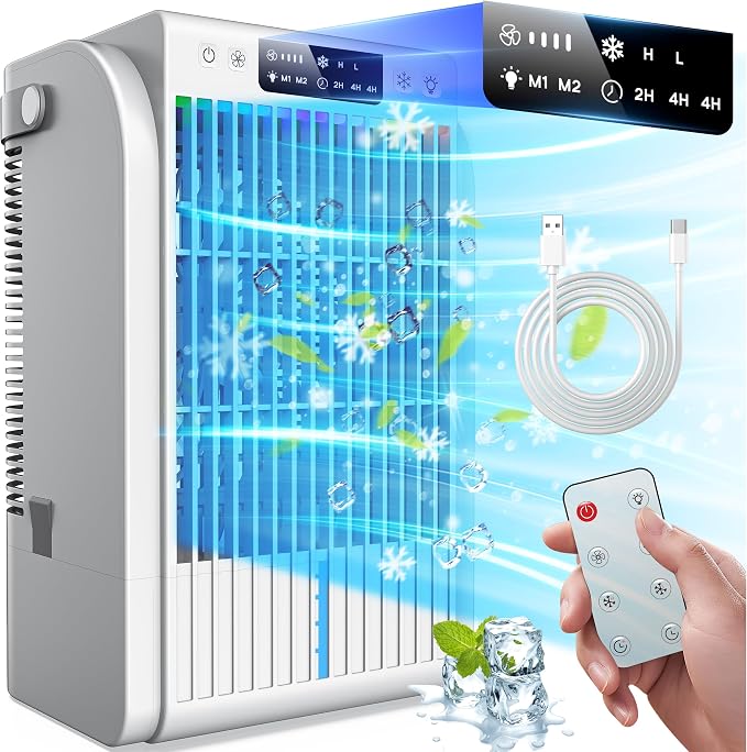 Portable Air Conditioners Fan,Evaporative Mini Room Air Conditioners,Portable AC Unit Air Cooler with 4 in 1 Humidifier Fan Conditioner with 1500ML,3 Speed AC Portable for Room Office Desk (White)