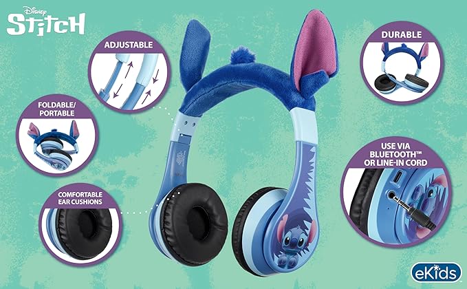 Disney Stitch Bluetooth Headphones for Kids, Wireless Headphones for School | Volume Reduced and Built-in Microphone
