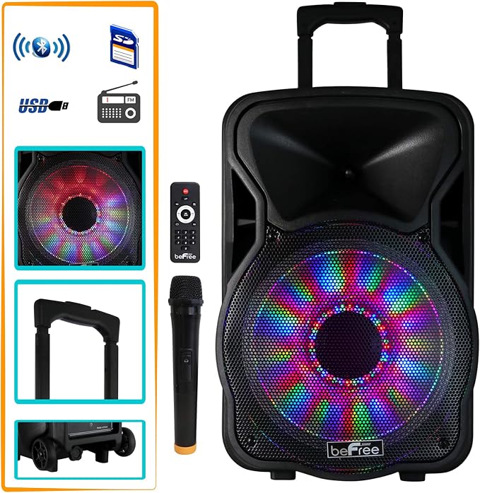 beFree Sound 12 Inch 2500 Watt Bluetooth Rechargeable Portable Party PA Speaker with Illuminating Lights,Black,BFS-12 Portable Speaker