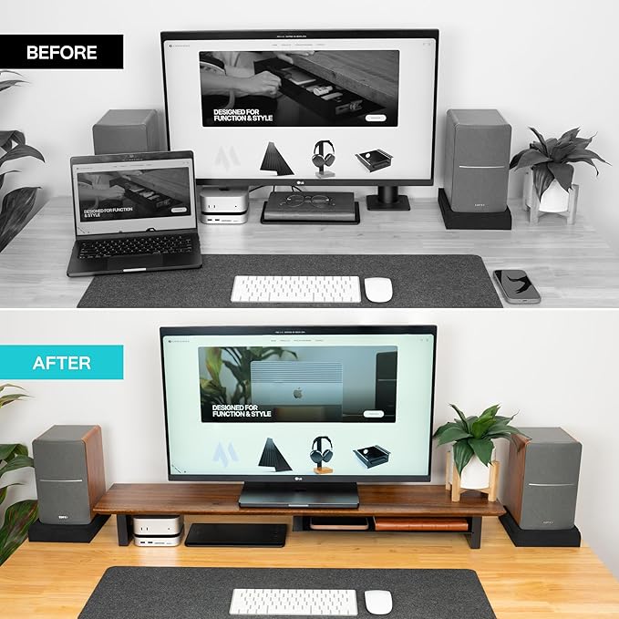 COREMINDED Solid Wood Dual Monitor Stand Riser – 42" Walnut Desk Shelf for 2 Monitors with Tray & Wool Felt, Organizer for Desktop, Laptop and Office (Walnut)