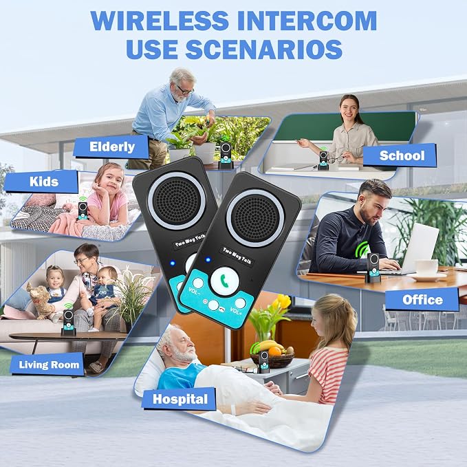 Intercoms Wireless for Home, Full Duplex Long Range Wireless Intercom, 8 Volume Levels, 4 Chime Intercoms, 2 Way Intercom for Home, Business(2 Packs Black)