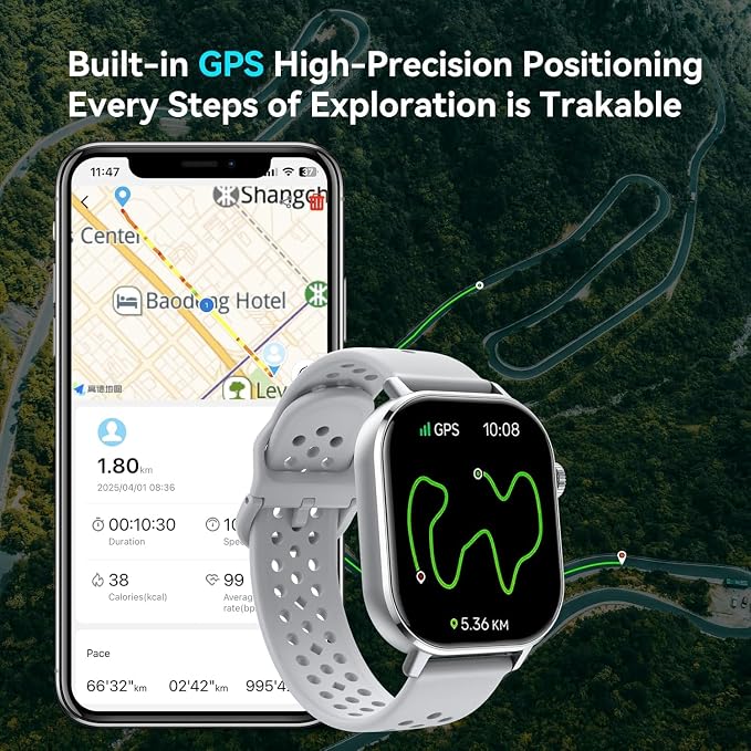 uaue GPS Smart Watch for Men, Fitness Tracker with 110+ Sports Modes, Fitness Watch with 2.06" AMOLED Touchscreen, Heart Rate/Sleep Monitor, IP68 Waterproof, Notifications for Android iOS
