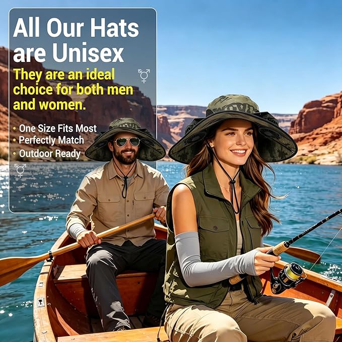 Solar Fan Hat with 2 Fans - Khaki Wide Brim Bucket Hat for Men Women, UPF 50+ Sun Hat for Fishing, Hiking