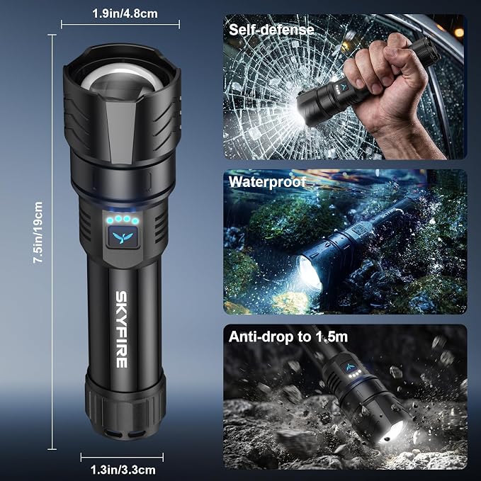SKYFIRE Flashlight with Ignition Lens,5000mAh Rechargeable Flashlights High Lumens Super Bright Waterproof Powerful LED Tactical Flash Light for Camping Essentials Outdoor Home&Gifts