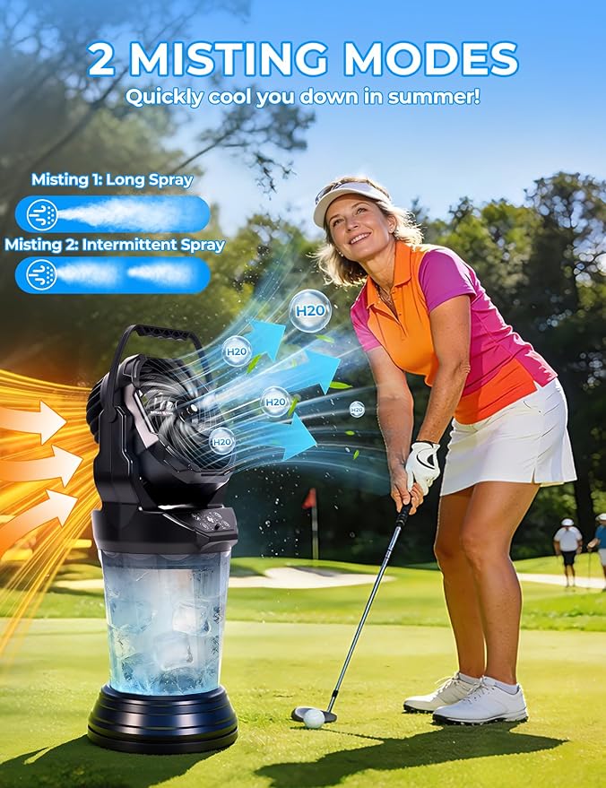 2026 NEW Portable Camping Misting Fan, 30000mAh Rechargeable Camping Fans with Remote & 2L Water Tank, 4 Timers, 4 Speeds, 2 Mist Modes, 120° Oscillation, for Golf Camping Beach Fishing & Workshops
