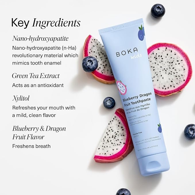 Boka Fluoride Free Toothpaste Nano Hydroxyapatite Toothpaste - Blueberry Dragon Fruit 4 oz, Boka Kids Sonic Electric Toothbrush - Oral Care, U Brush and Nylon Brush Bundle