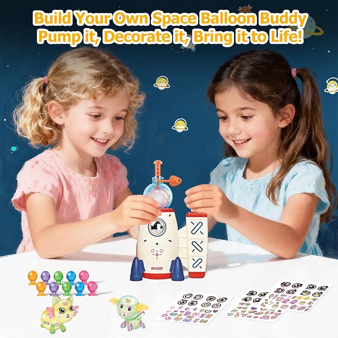 sticky balloon Rocket kit Ages 3-8 with Air Rocket Pump(4.28" x 5.9" x 7.08") Soft balloon, Stickers & Eyes Build Balloon Animals No Glue No Mess, Screen-Free Travel Gift for Girls Boys
