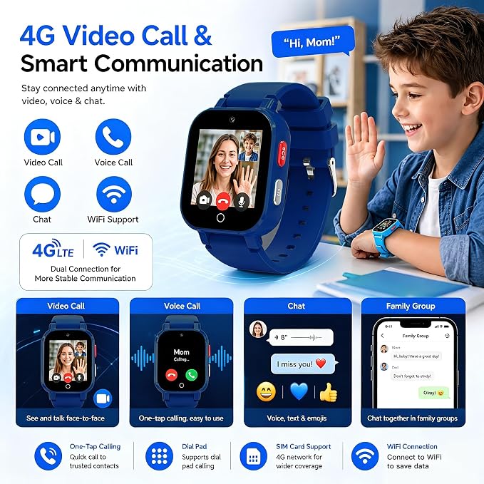 4G Kids Smart Watch with GPS Tracker, Video & Voice Call, SOS, WiFi, IP68 Waterproof, AI Smart Features, Parental Control Phone Watch for Boys Girls Age 4-12(SIM Card Included)