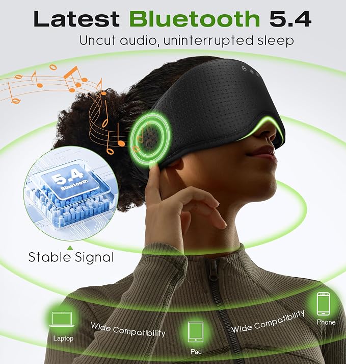 MUSICOZY Sleep Headphones with Bluetooth 5.4 Sleep Mask, Removable 3D Eye Cups for Zero Pressure Comfort, Wireless Bluetooth Eye Mask for Sleeping with Timer(Black)