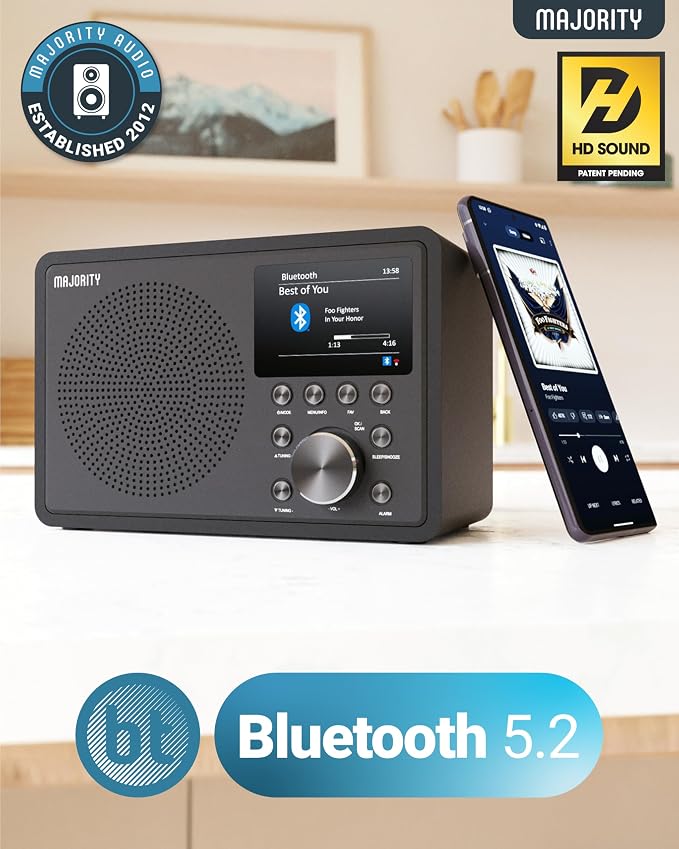 Internet Radio for Home with WiFi and FM | DSP Speaker Perfect for Bedroom, Kitchen, and Living Room Use | FM, Spotify Connect, Multi-Alarm, Frontier Oktiv App Control | Majority Touro
