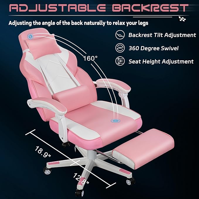Meilocar Big and Tall Gaming Chair for Adults, 330lbs Heavy Duty Computer Chair with Footrest & Massage Lumbar Support, Wide Seat High Back Reclining Desk Chair, Pink