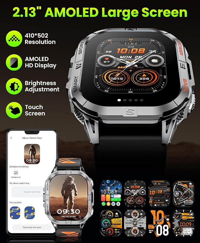 Military Smart Watch for Men Built-in GPS with LED Flashlight Compass, 2.13" AMOLED Tactical Smart Watches with Answer/Make Calls, 3ATM Waterproof Fitness Tracker for iPhone Android (Black)