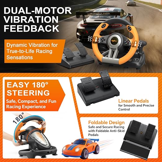 PXN PC Racing Wheel, V3 PRO 180 Degree Universal Usb Car Sim Race Steering Wheel with Pedals for PC, PS3, PS4, Xbox One, Xbox Series X/S, Switch (Orange)